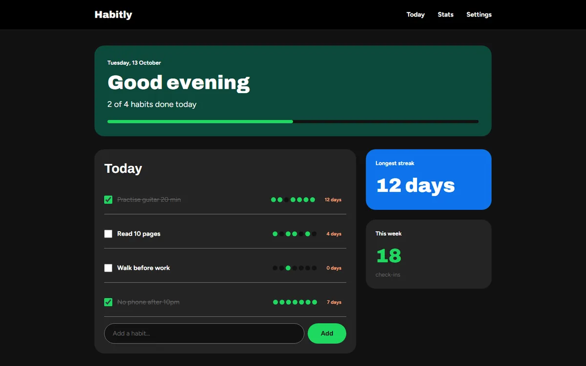 The same habit tracker restyled from an AI Kit: dark ground, heavy display type, green action button and coloured panels