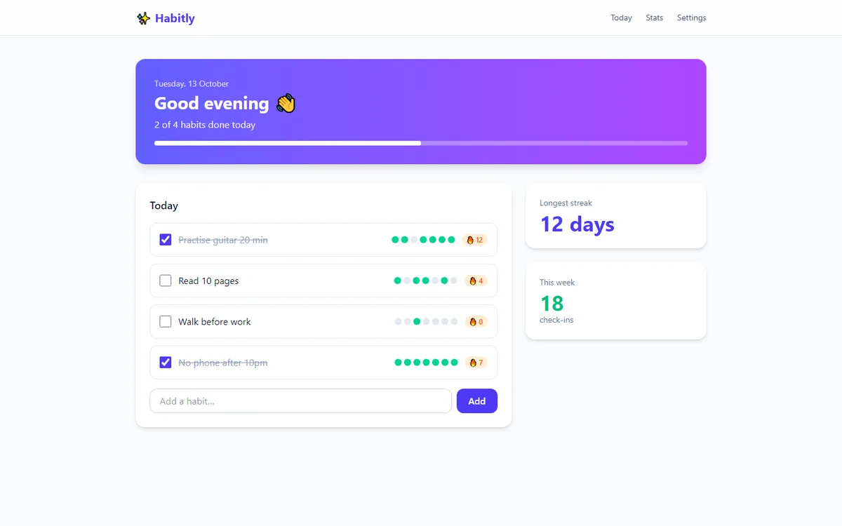 A habit tracker built with typical AI defaults: purple gradient banner, emoji and white cards