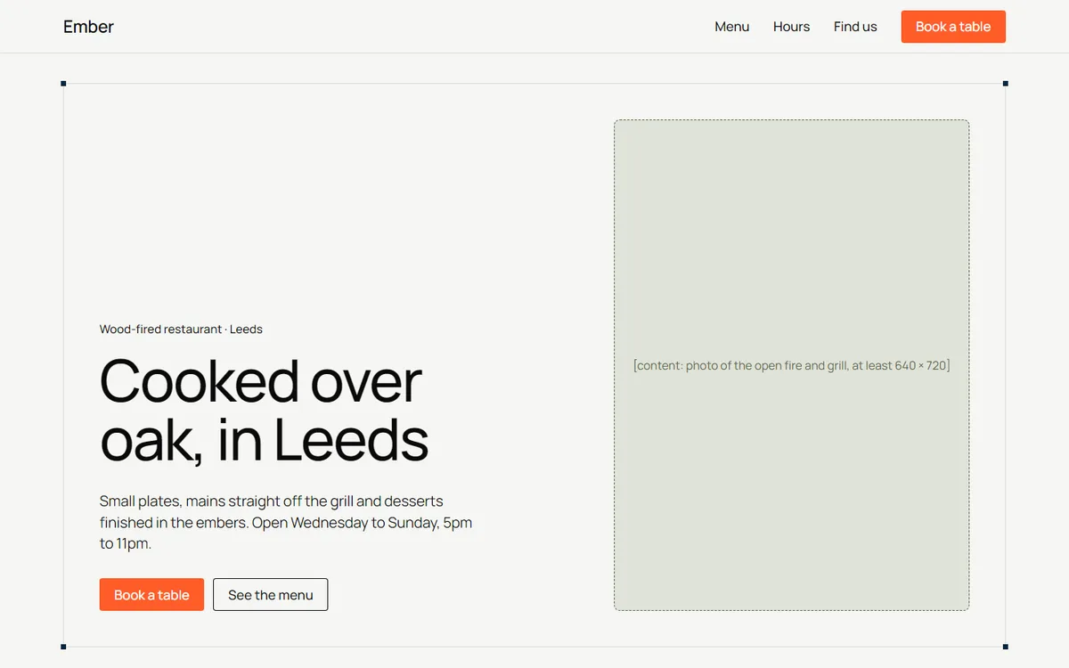 A restaurant site built from an AI Kit, with a hairline grid, medium-weight headings and square orange buttons