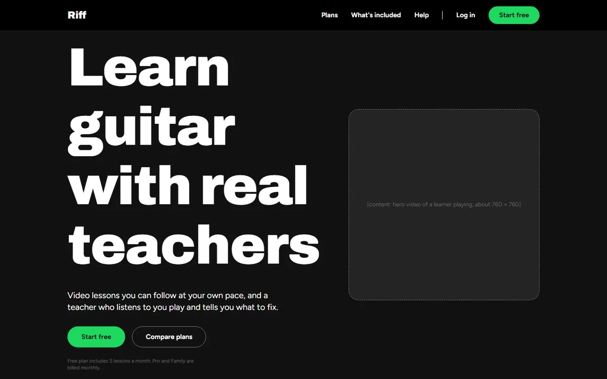 A guitar-lesson pricing page built by an AI agent from an AI Kit, with heavy headline type and green buttons